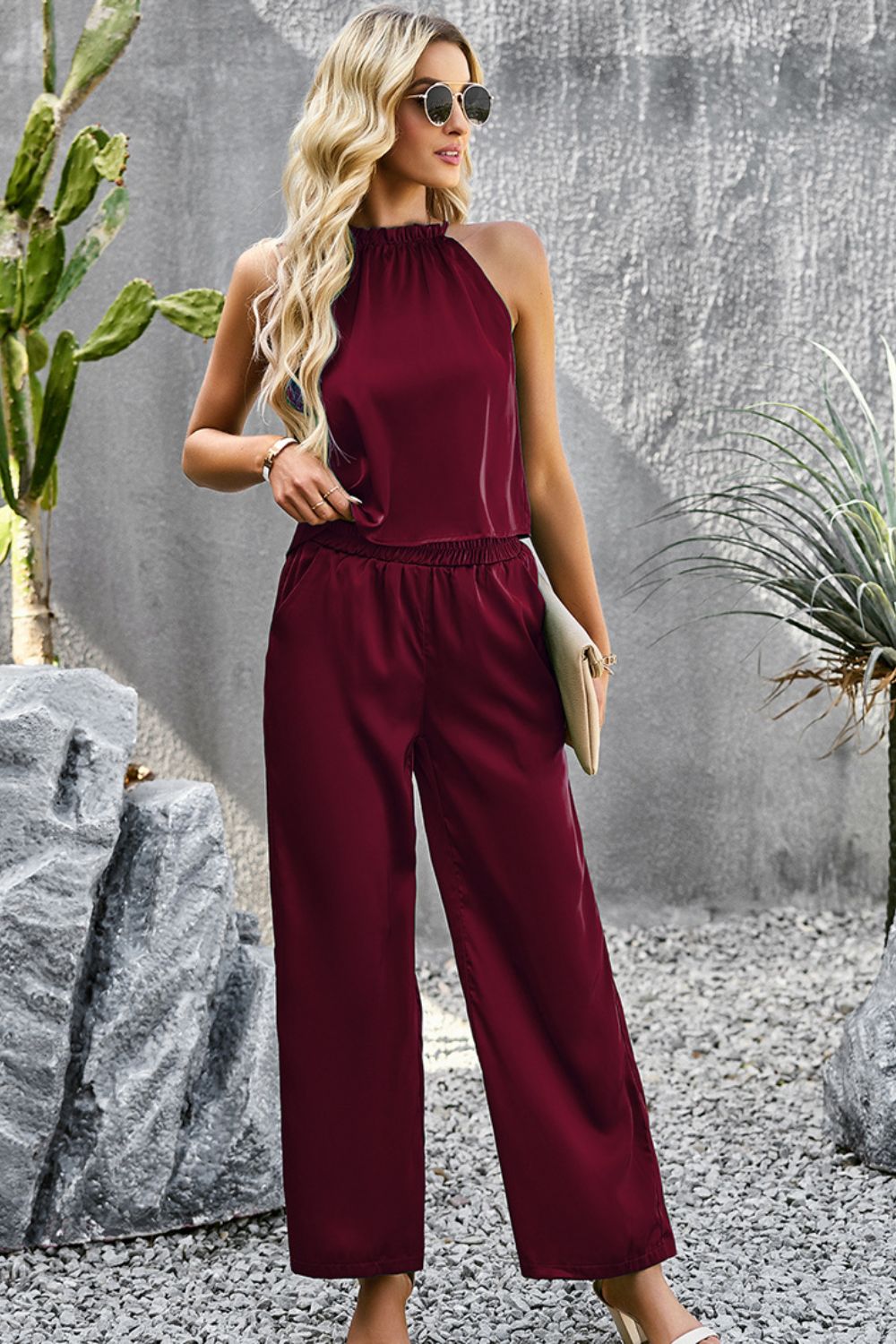 Grecian Neck Sleeveless Pocketed Top and Pants Set - AllIn Computer