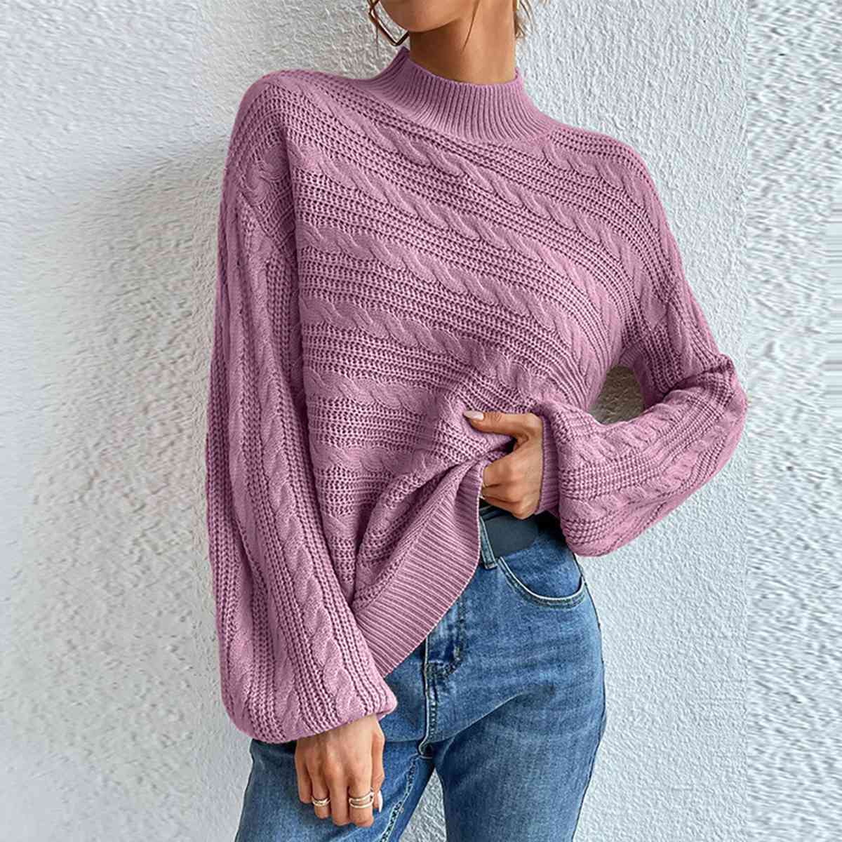 Cable-Knit Mock Neck  Long Sleeve Sweater - AllIn Computer