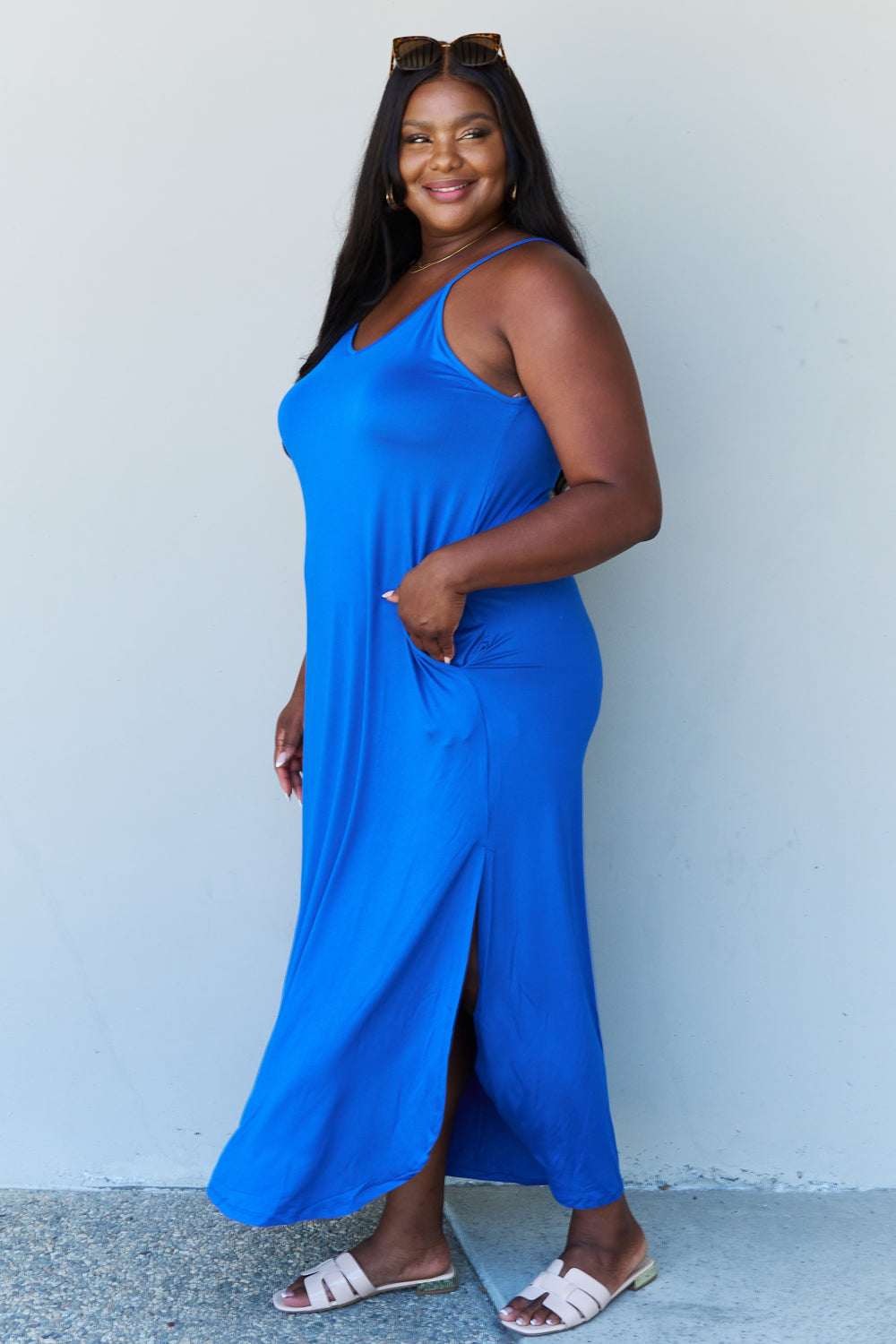 Ninexis Good Energy Full Size Cami Side Slit Maxi Dress in Royal Blue - AllIn Computer
