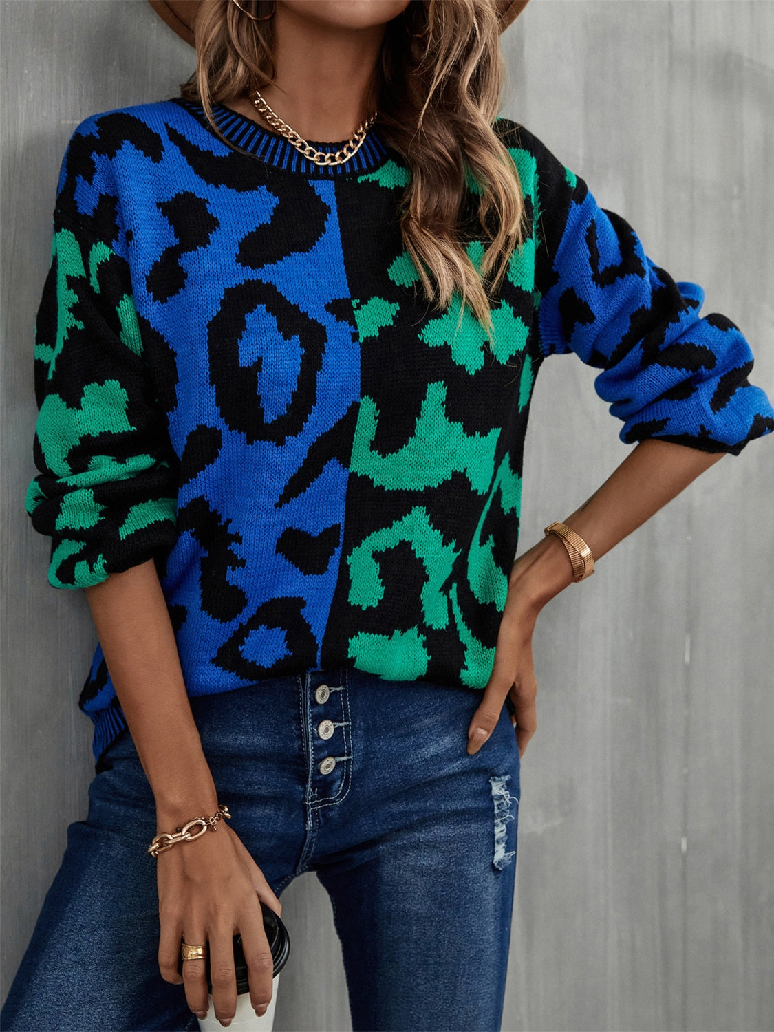 Leopard Round Neck Long Sleeve Sweater - AllIn Computer