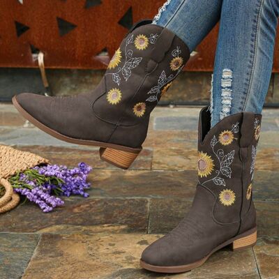 Sunflower Embroidered Block Heel Boots - AllIn Computer