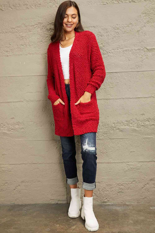 Zenana Falling For You Full Size Open Front Popcorn Cardigan - AllIn Computer