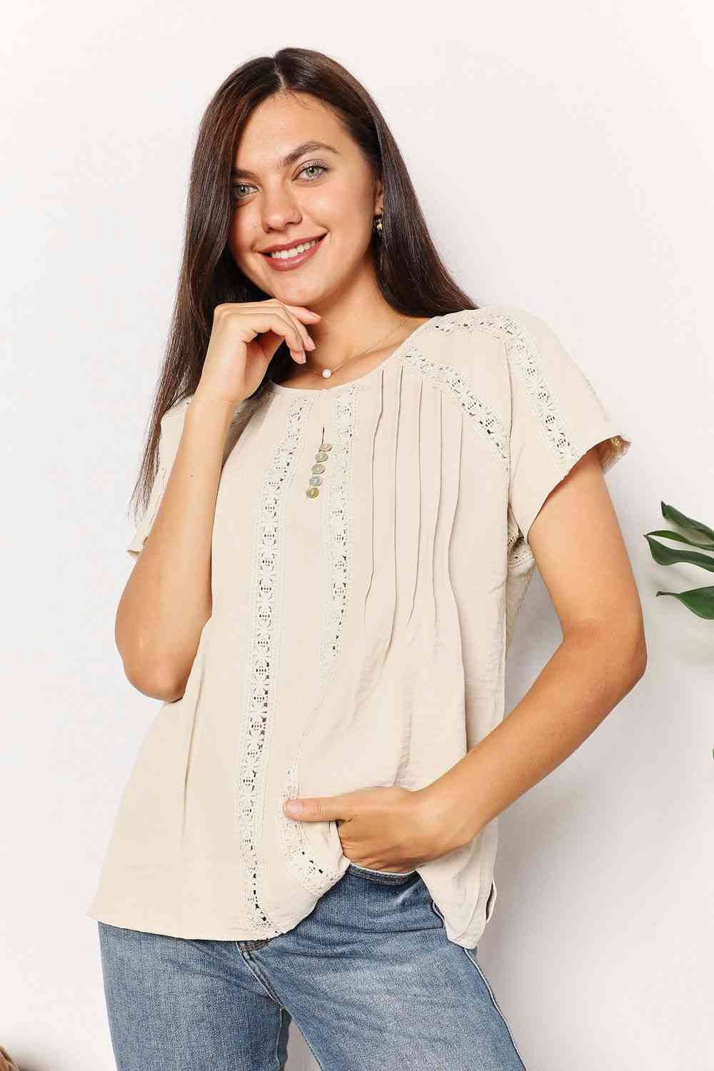 Double Take Crochet Buttoned Short Sleeves Top - AllIn Computer