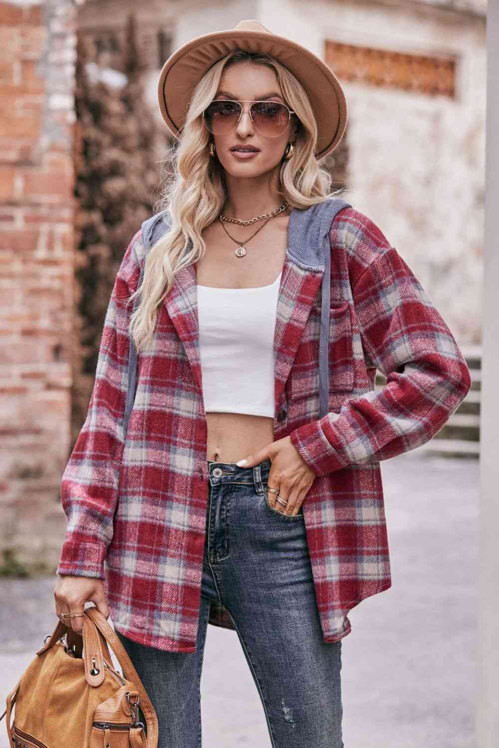 Plaid Dropped Shoulder Hooded Longline Jacket - AllIn Computer