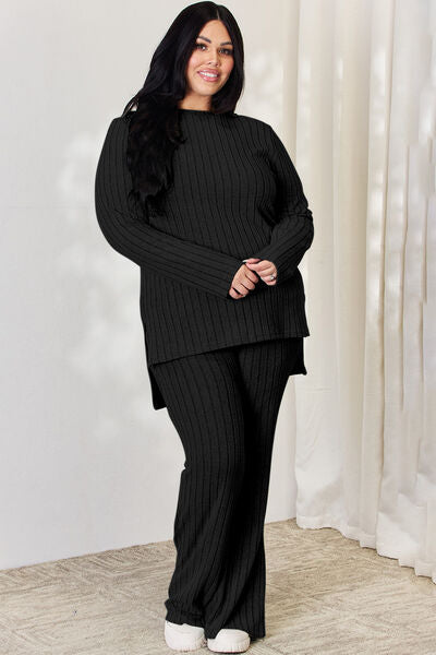 Basic Bae Full Size Ribbed High-Low Top and Wide Leg Pants Set - AllIn Computer