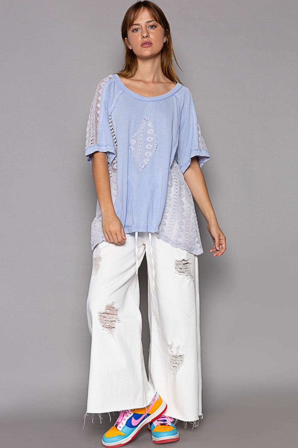 POL Short Sleeve Lace Crochet Panel Top - AllIn Computer