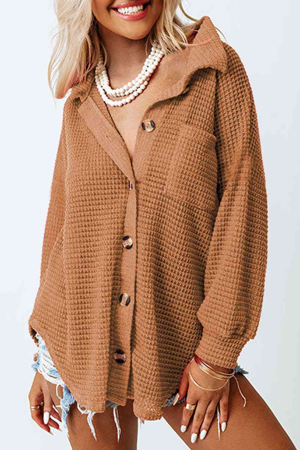 Waffle-Knit Button Up Long Sleeve Shirt with Pocket - AllIn Computer