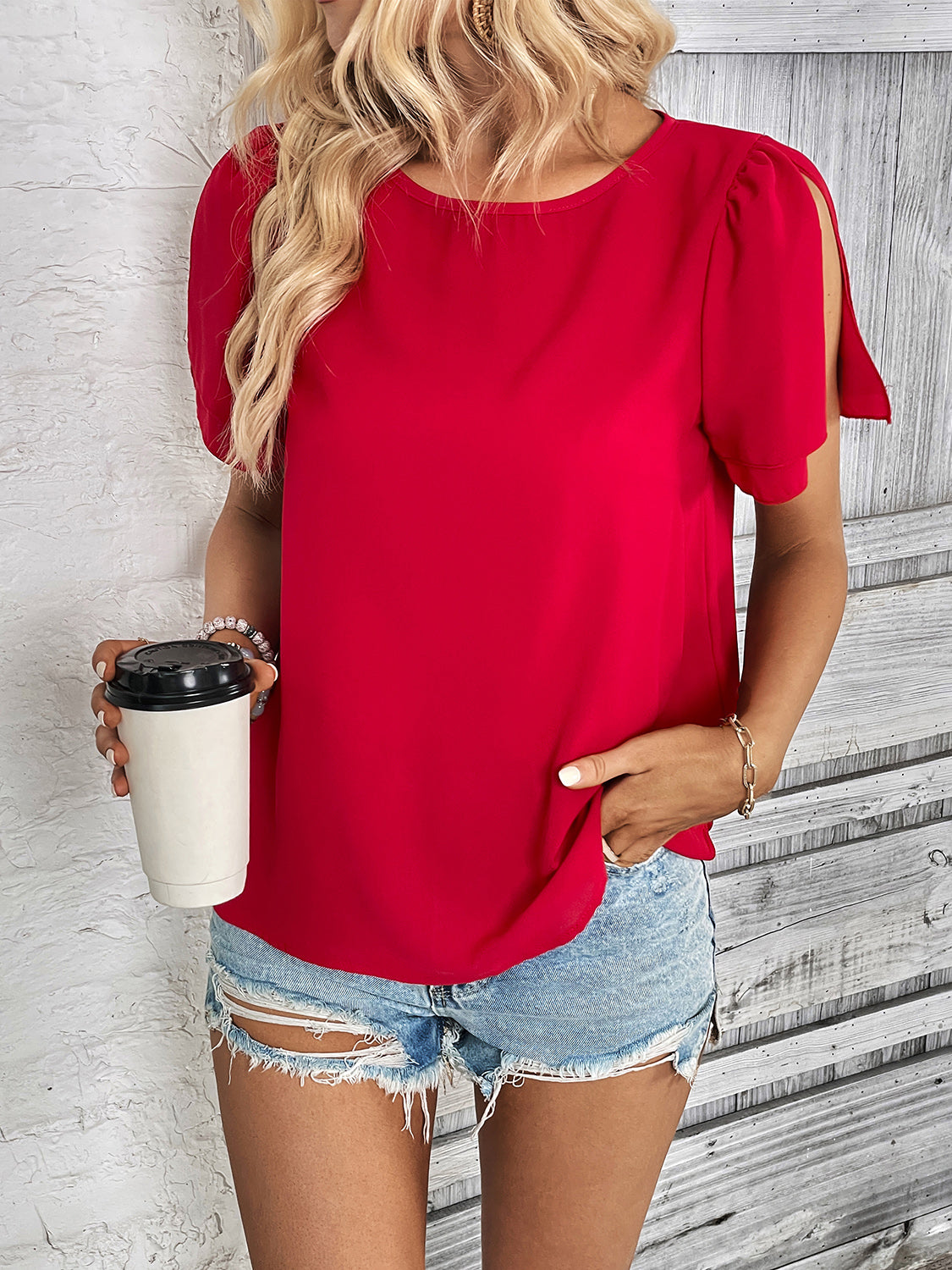 Round Neck Slit Short Sleeve Top - AllIn Computer