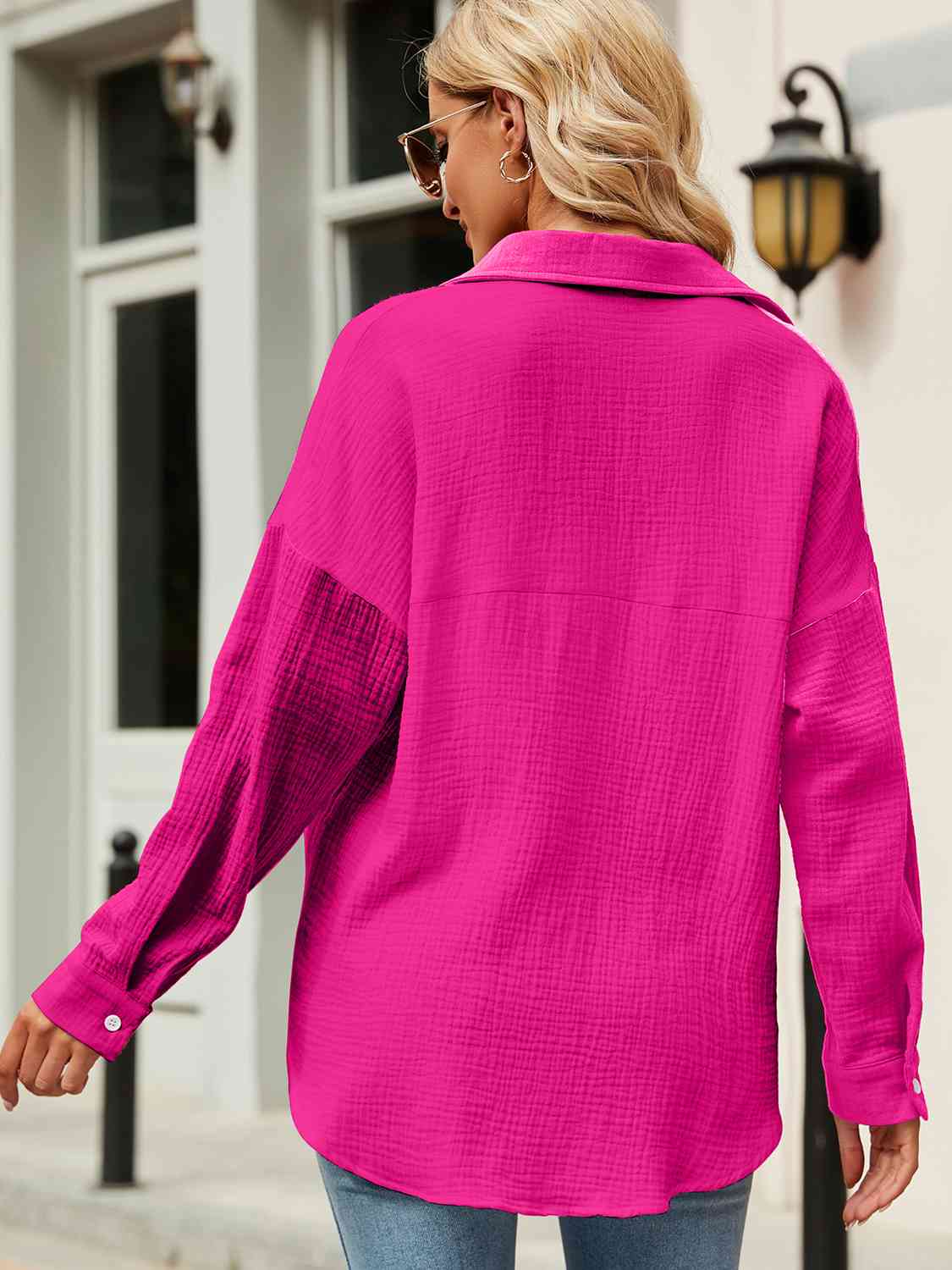 Button Up Collared Neck Drop Shoulder Shirt - AllIn Computer