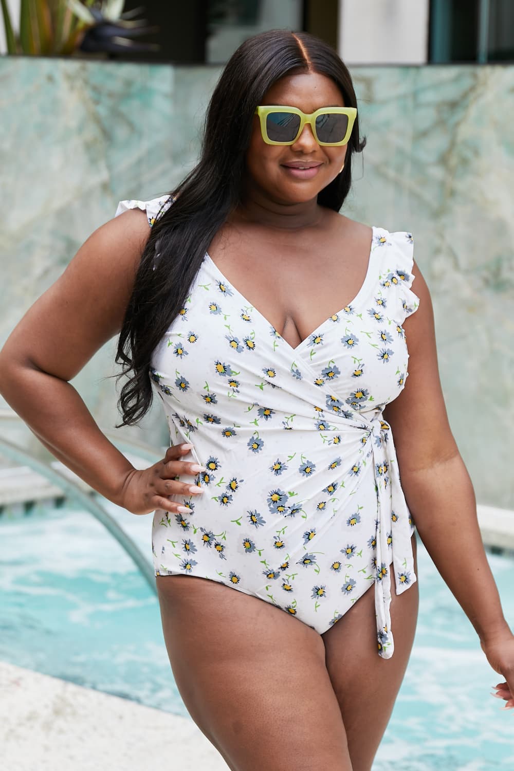 Marina West Swim Float On Ruffle Faux Wrap One-Piece in Daisy Cream - AllIn Computer
