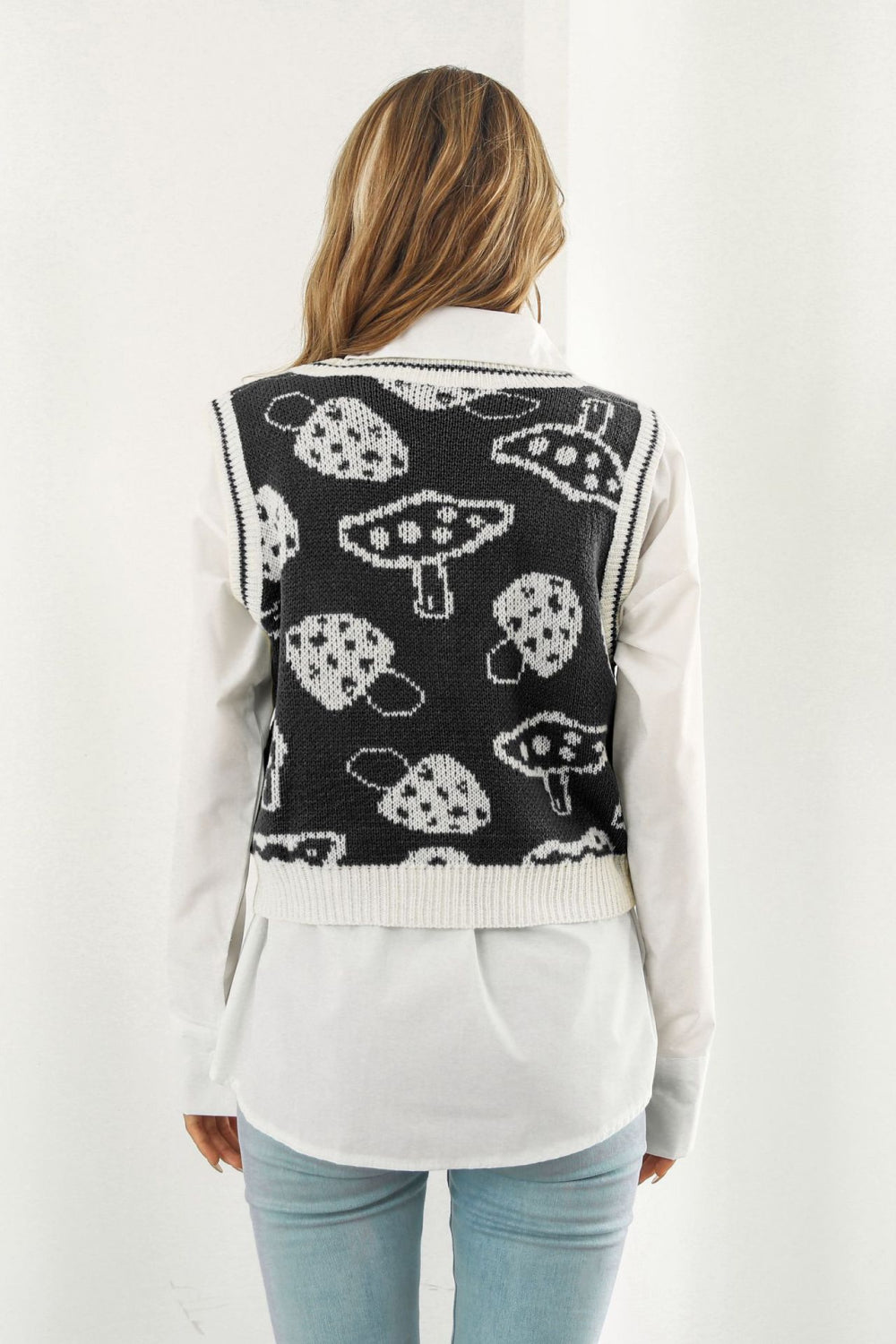 Printed Plunge Neck Sweater Vest - AllIn Computer