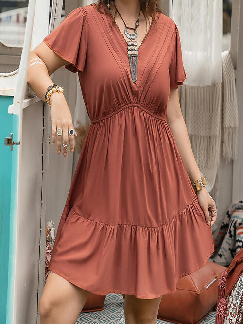 Double Take Plus Size Ruffle Hem V-Neck Short Sleeve Dress - AllIn Computer