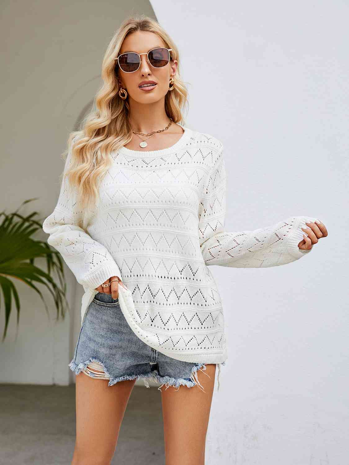 Round Neck Openwork Long Sleeve Knit Top - AllIn Computer