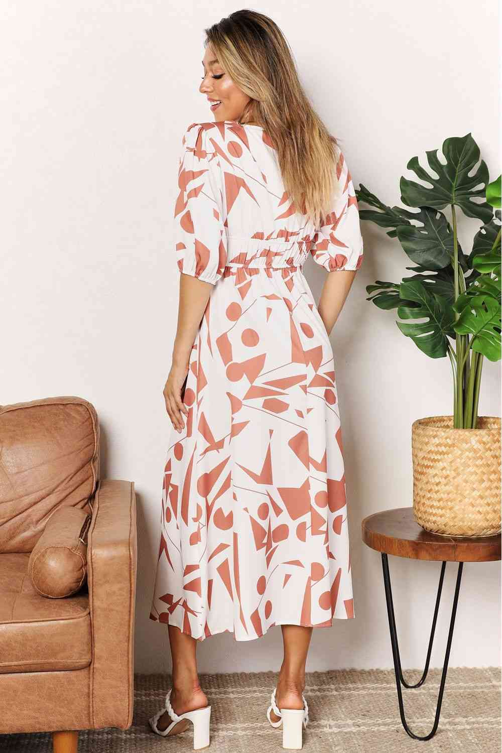 Double Take Printed Surplice Balloon Sleeve Dress - AllIn Computer