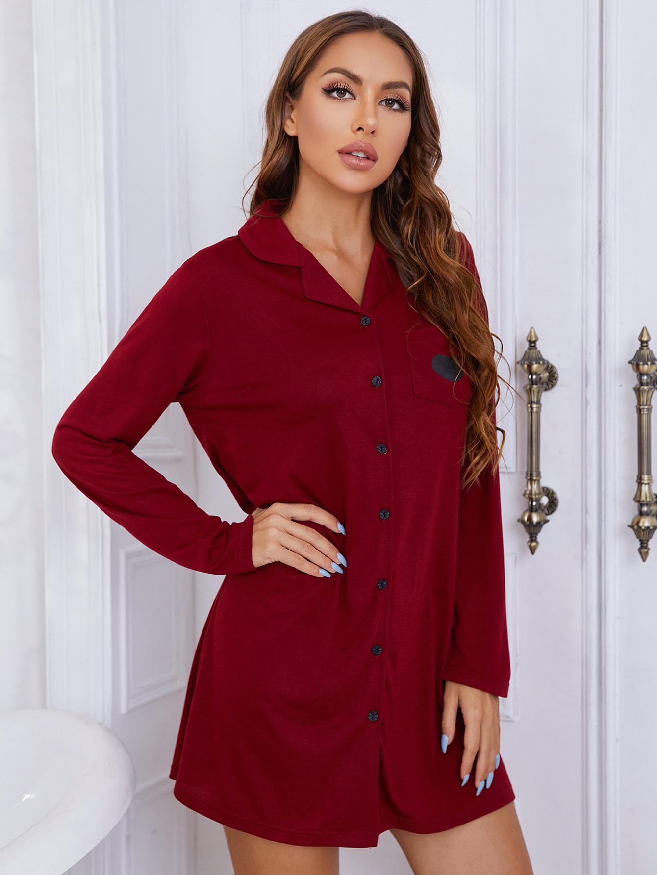 Heart Graphic Lapel Collar Long Sleeve Night Dress - AllIn Computer