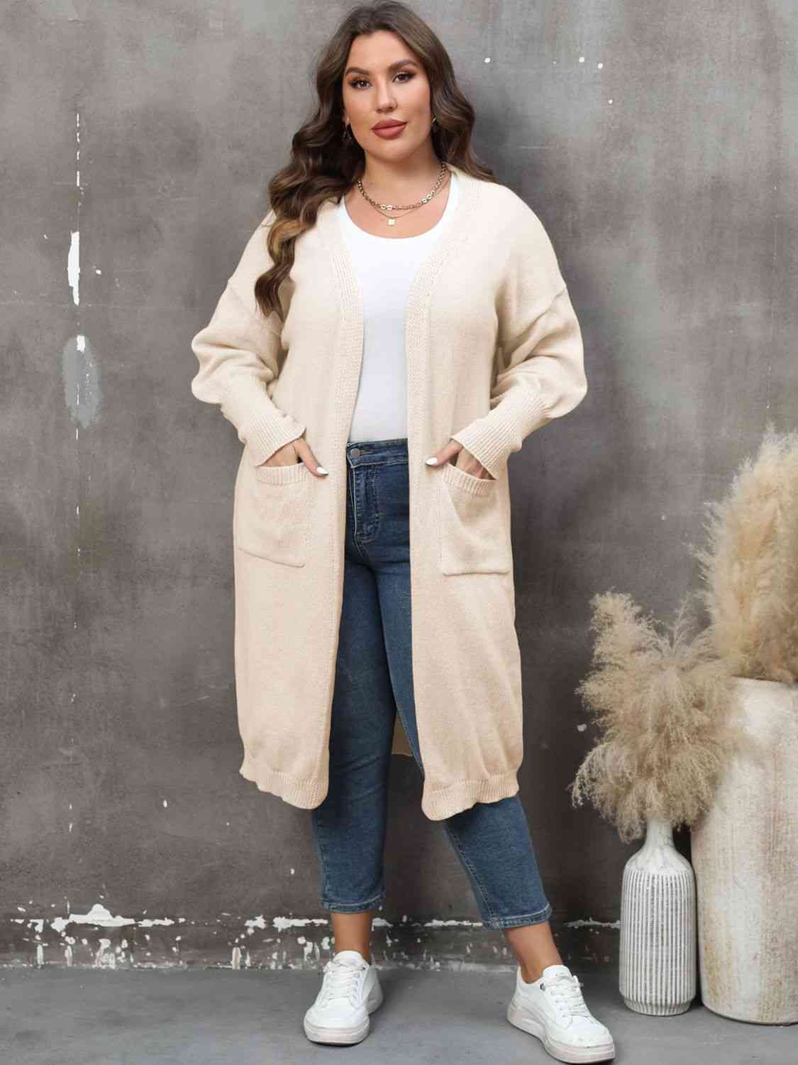 Plus Size Long Sleeve Pocketed Cardigan - AllIn Computer