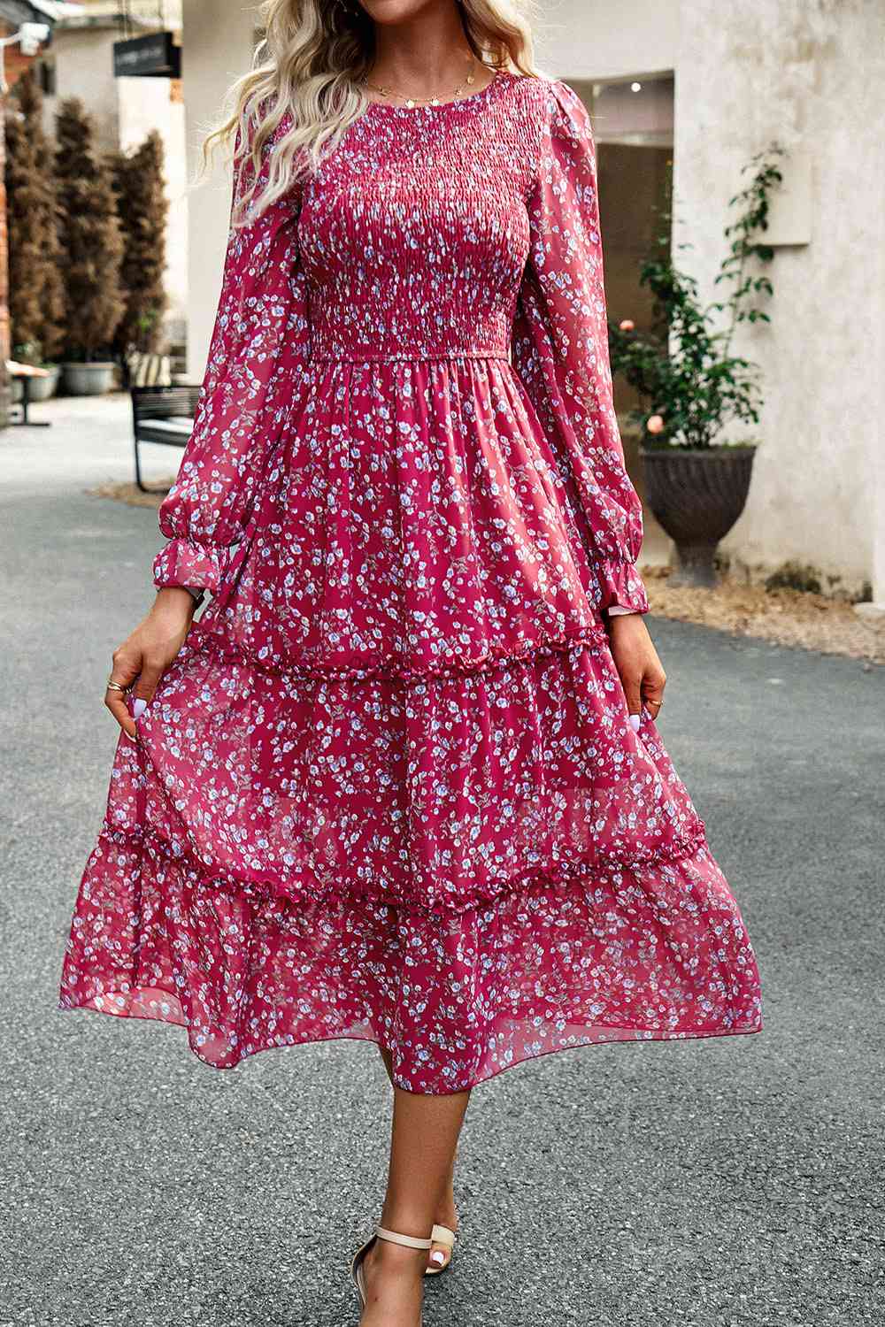 Smocked Flounce Sleeve Midi Dress - AllIn Computer