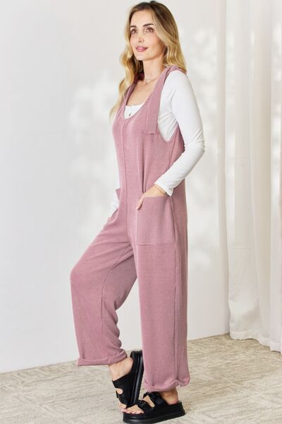 Celeste Full Size Ribbed Tie Shoulder Sleeveless Ankle Overalls - AllIn Computer