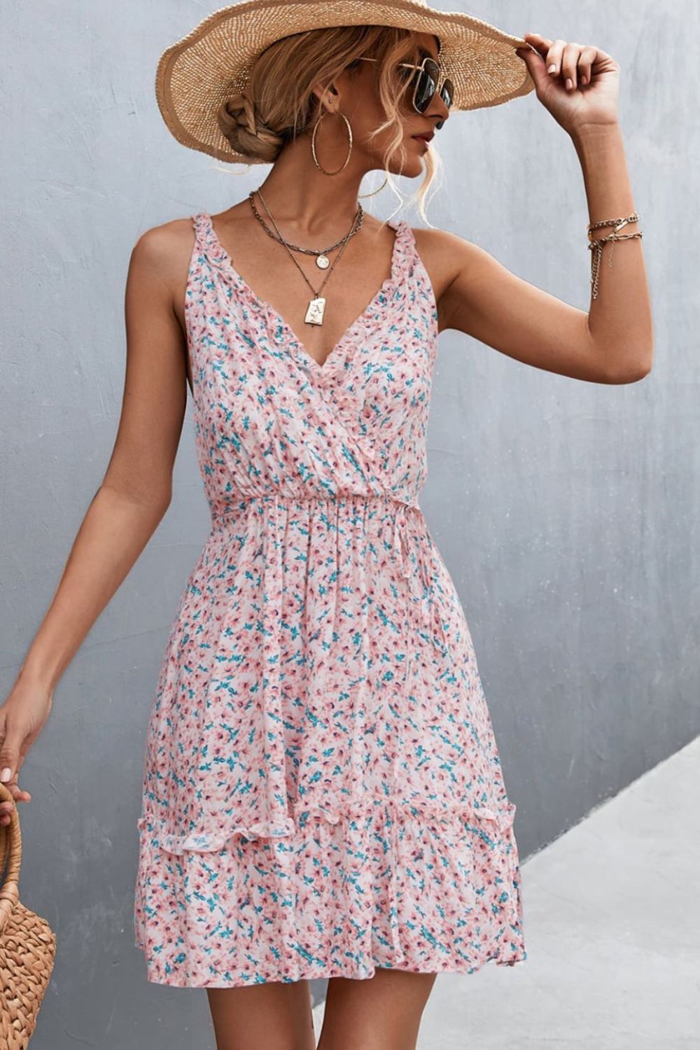 Floral Frill Trim Sleeveless Mini Dress - AllIn Computer