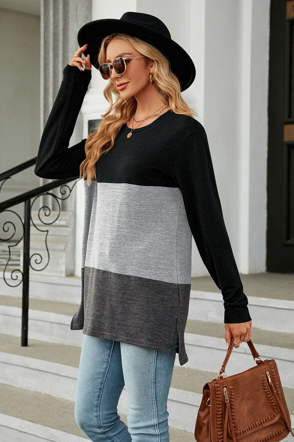 Color Block Round Neck Long Sleeve Slit T-Shirt - AllIn Computer