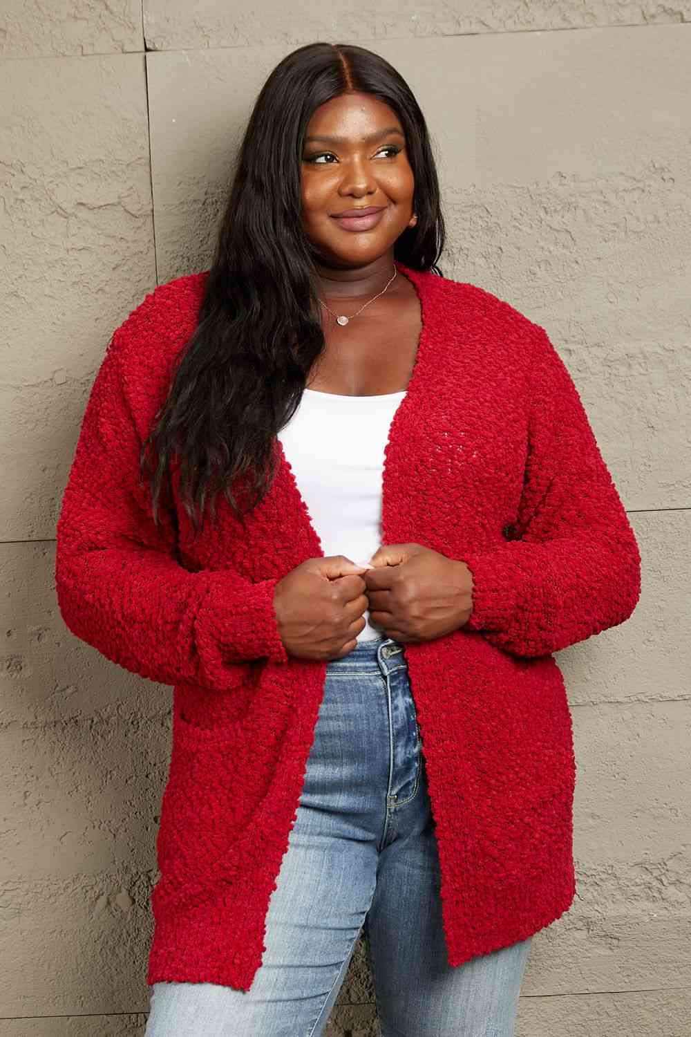 Zenana Falling For You Full Size Open Front Popcorn Cardigan - AllIn Computer