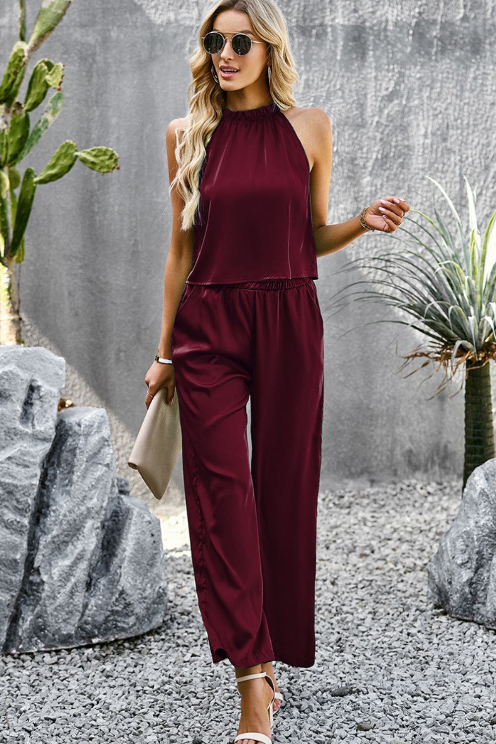 Grecian Neck Sleeveless Pocketed Top and Pants Set - AllIn Computer