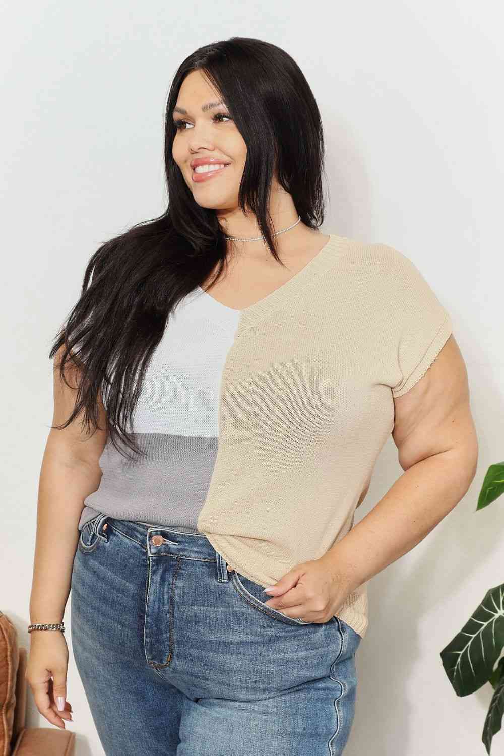 Double Take Color Block V-Neck Knit Top - AllIn Computer