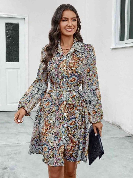 Printed Collared Neck Long Sleeve Dress - AllIn Computer