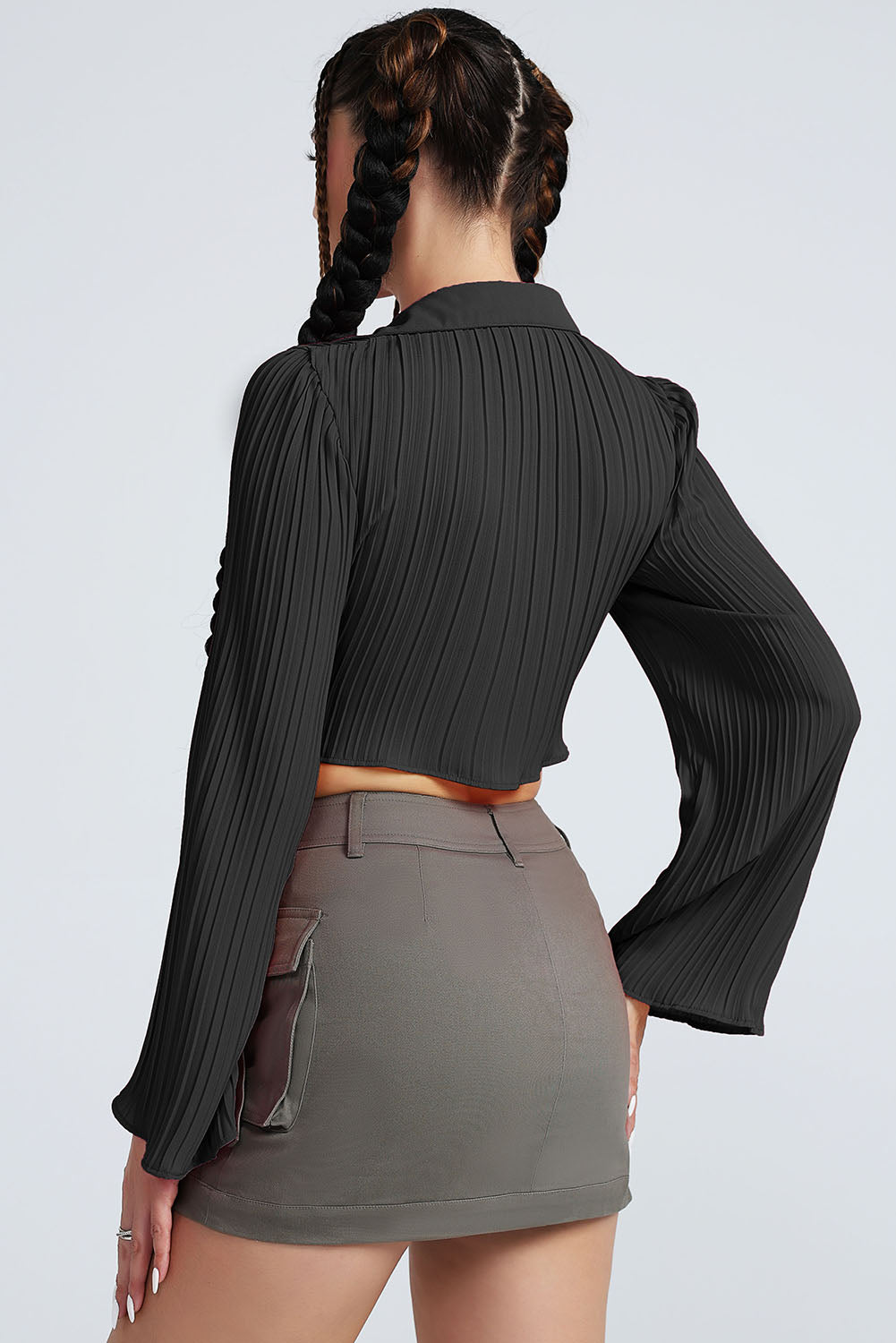 Tie Front Johnny Collar Flare Sleeve Cropped Top - AllIn Computer