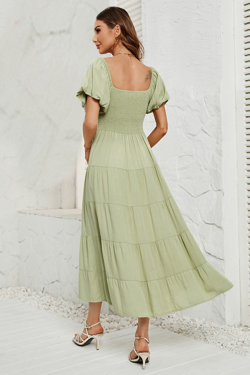 Smocked Square Neck Puff Sleeve Dress - AllIn Computer