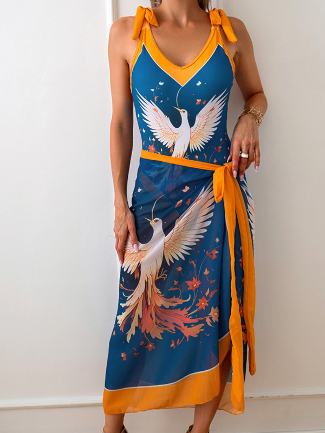 Printed V-Neck Tie Shoulder Swimwear and Skirt Set - AllIn Computer