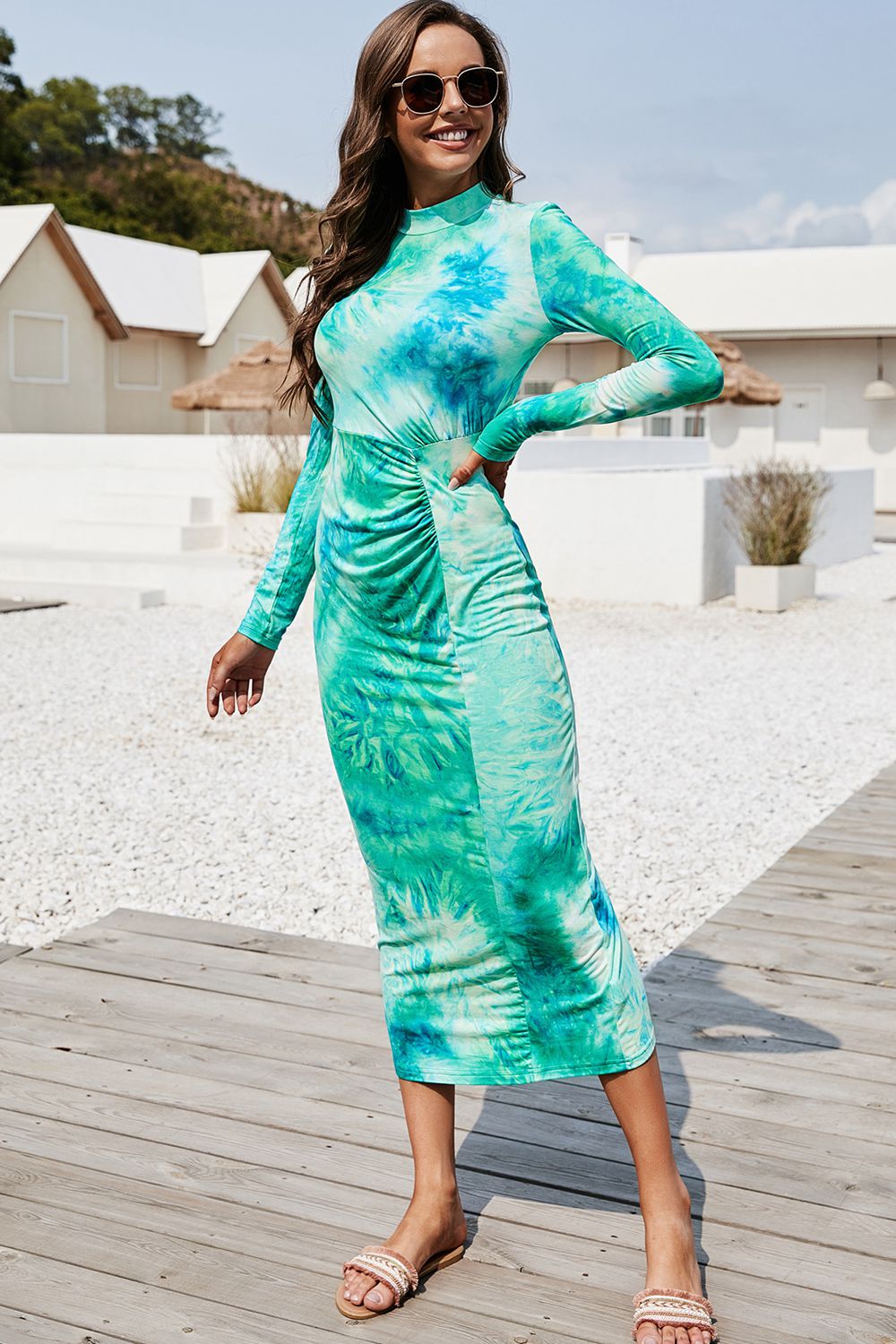Tie Dye Mock Neck Long Sleeve Dress - AllIn Computer