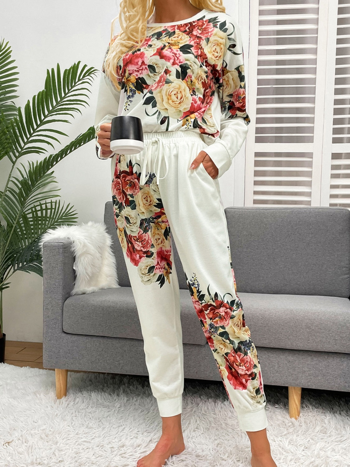 Printed Round Neck Top and Pants Lounge Set - AllIn Computer