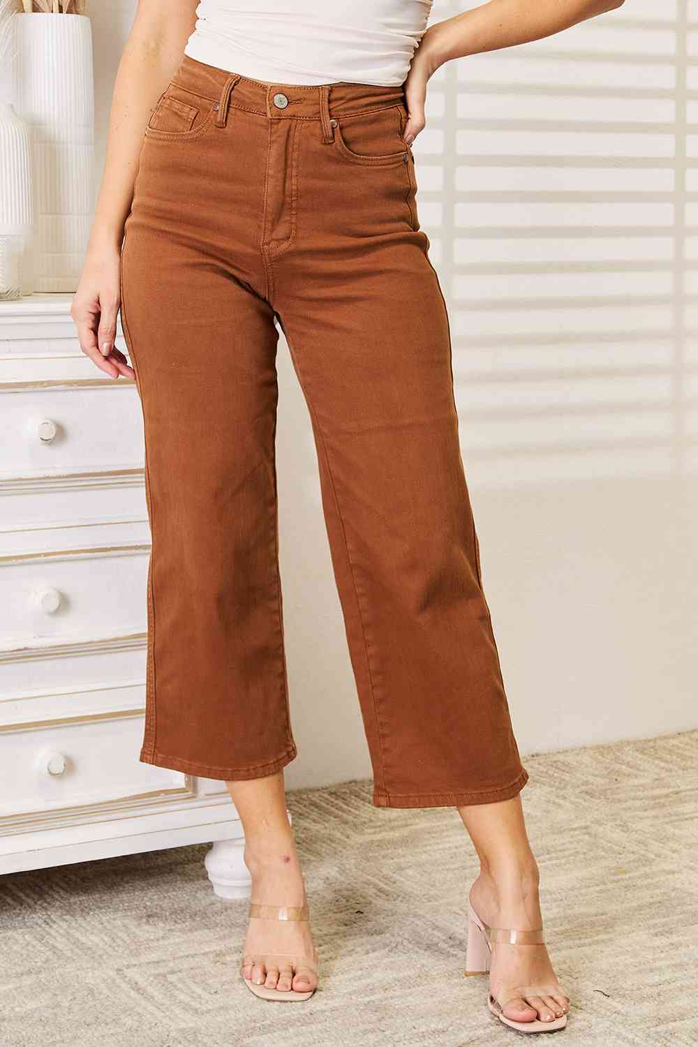 Judy Blue Full Size Tummy Control Garment Dyed Wide Cropped Jeans - AllIn Computer
