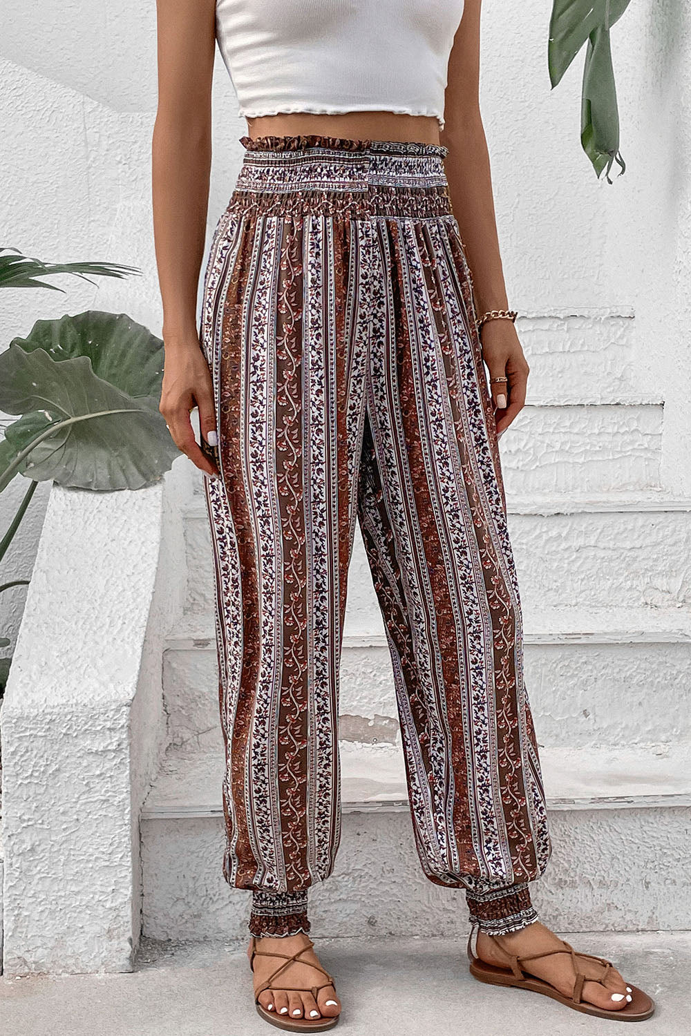 Smocked Printed High Waist Pants - AllIn Computer