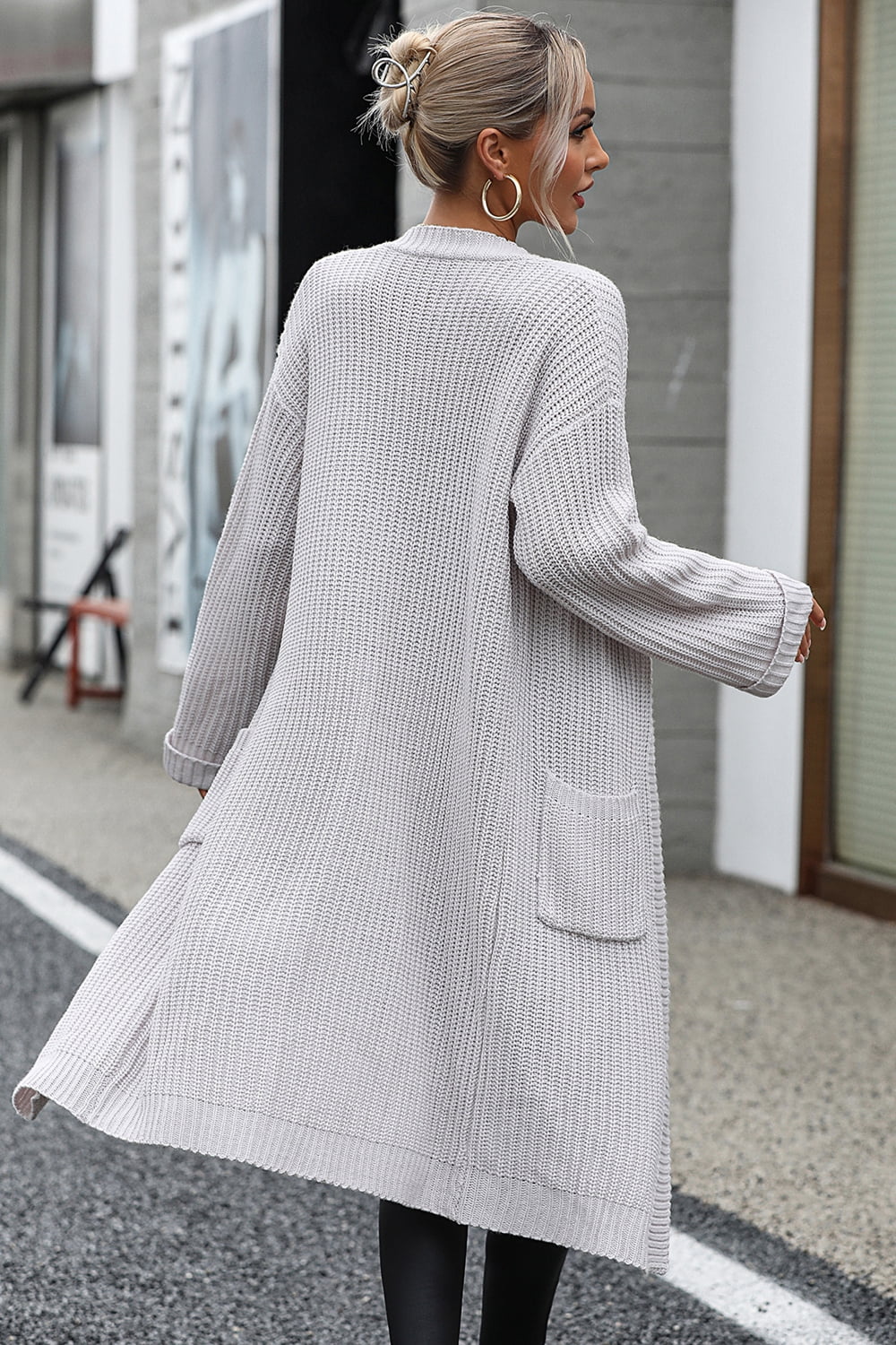 Dropped Shoulder Long Sleeve Cardigan with Pocket - AllIn Computer