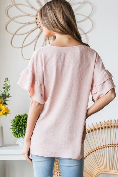Heimish Full Size Swiss Dot Ruffle Short Sleeve Top - AllIn Computer