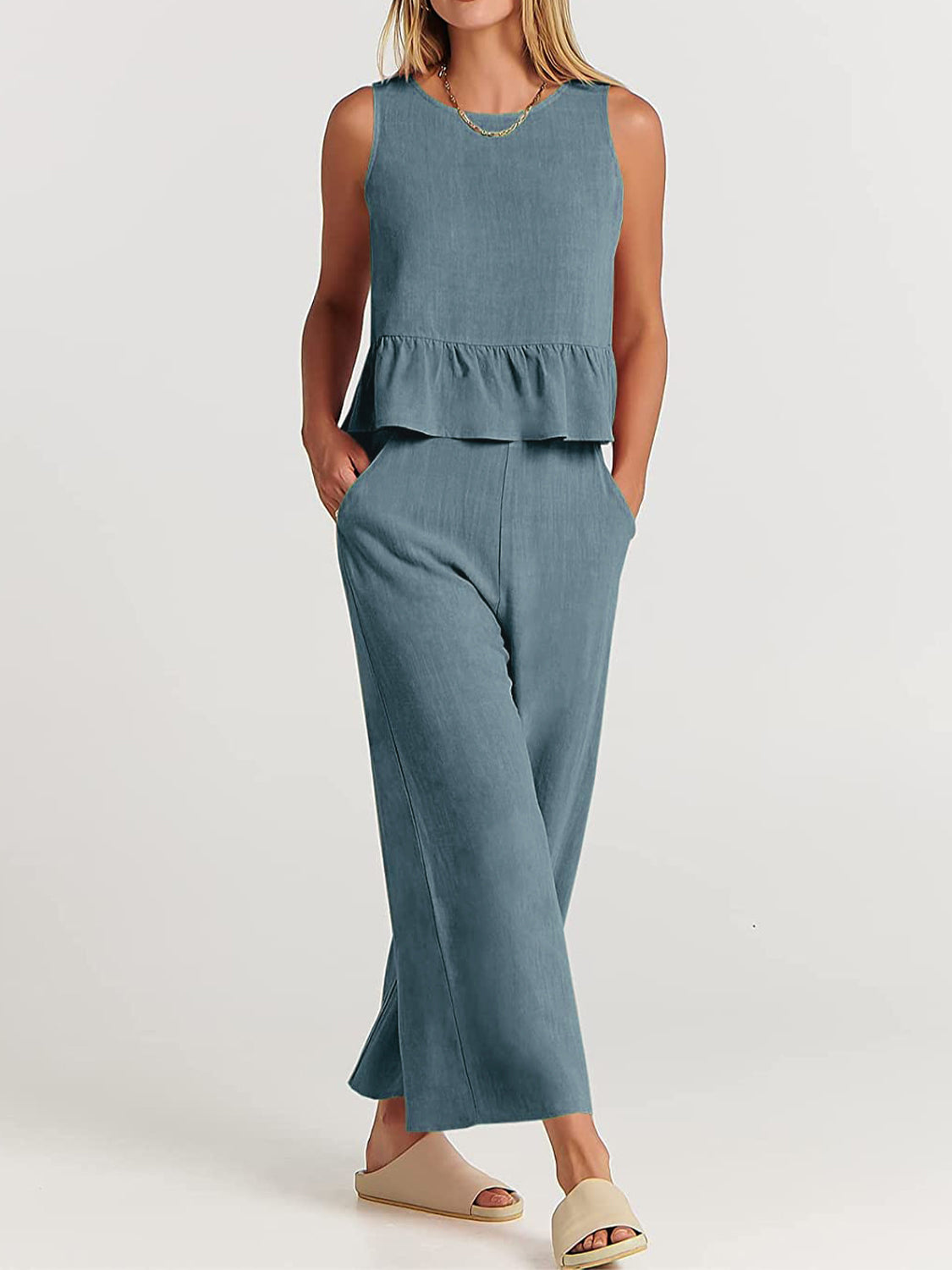 Full Size Round Neck Top and Wide Leg Pants Set - AllIn Computer