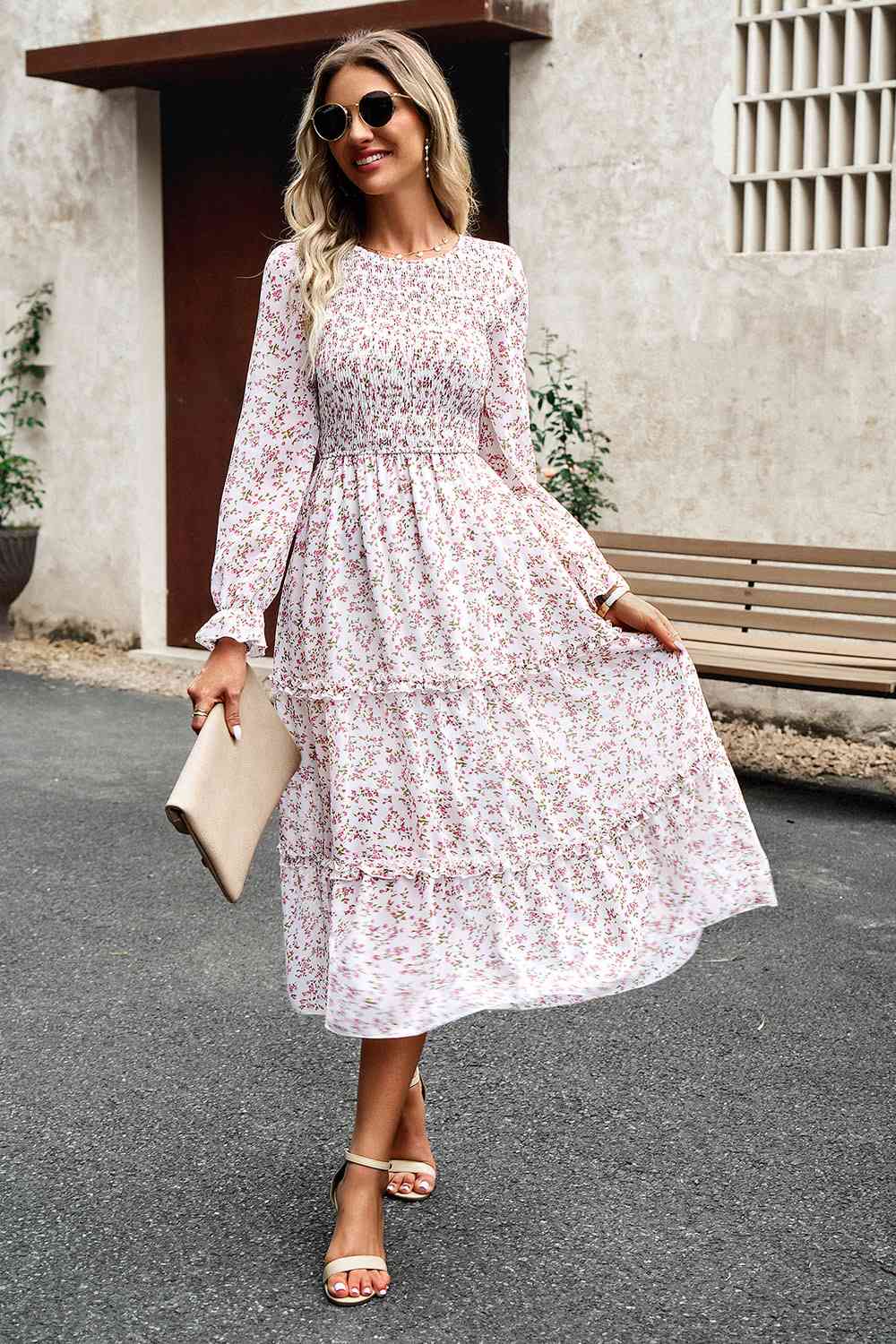 Smocked Flounce Sleeve Midi Dress - AllIn Computer