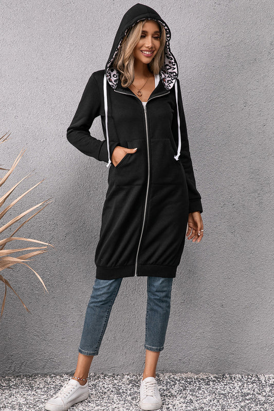 Leopard Spliced Drawstring Zip Up Hoodie Dress - AllIn Computer