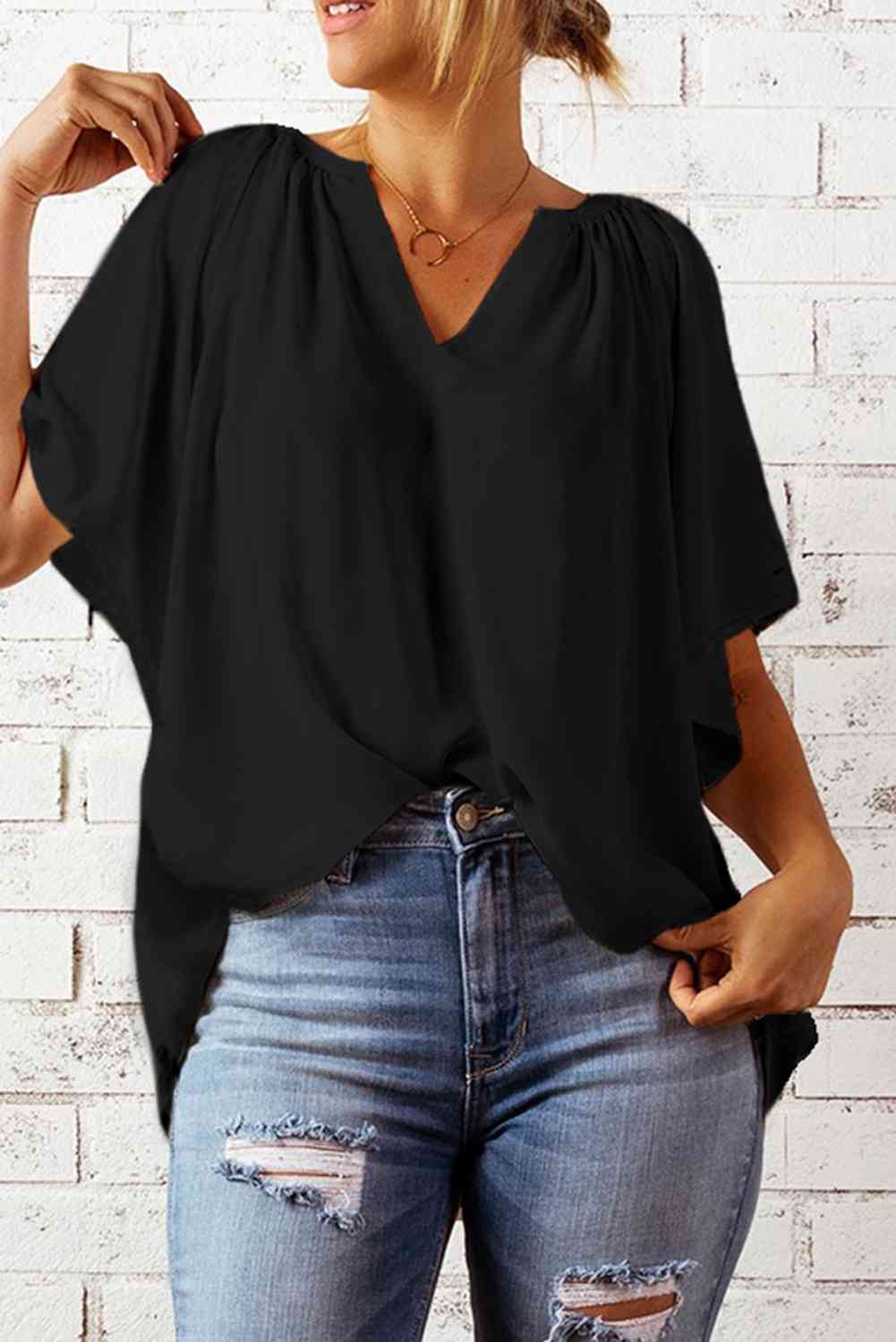 Gathered Detail Notched Neck Flutter Sleeve Top - AllIn Computer