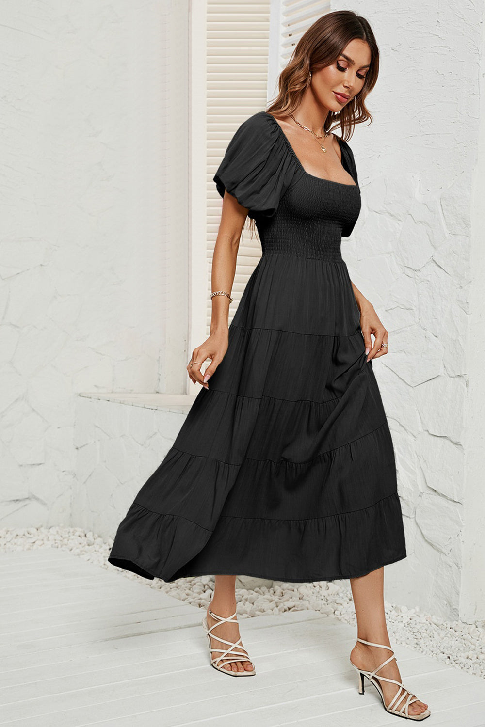 Smocked Square Neck Puff Sleeve Dress - AllIn Computer