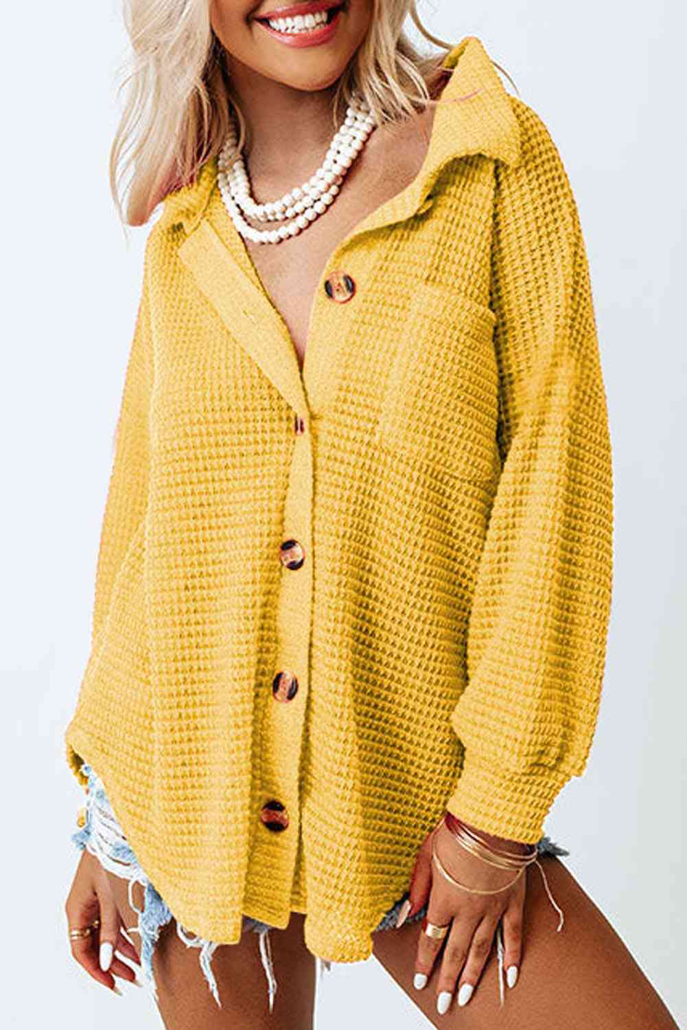 Waffle-Knit Button Up Long Sleeve Shirt with Pocket - AllIn Computer