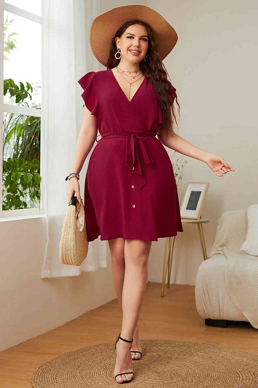 Plus Size Surplice Neck Tie Waist Dress - AllIn Computer