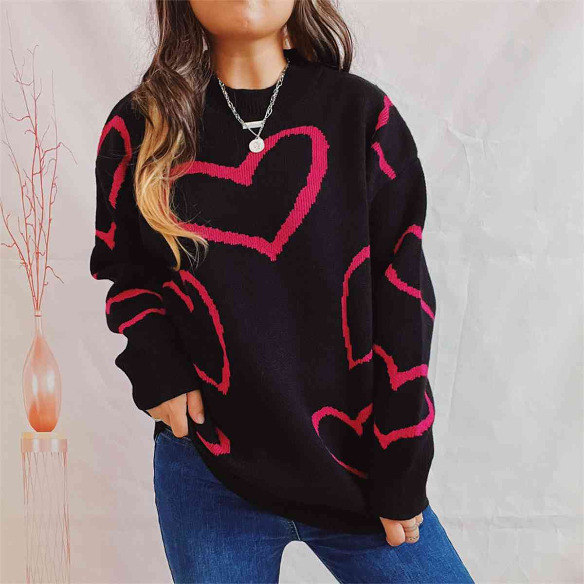 Heart Pattern Long Sleeve Sweater - AllIn Computer