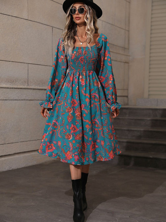 Printed Square Neck Flounce Sleeve Dress - AllIn Computer