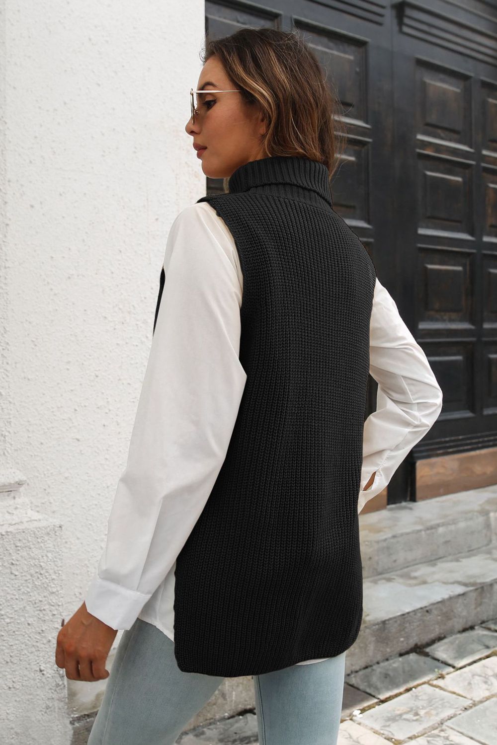 Ribbed Mock Neck Sleeveless Sweater Vest - AllIn Computer