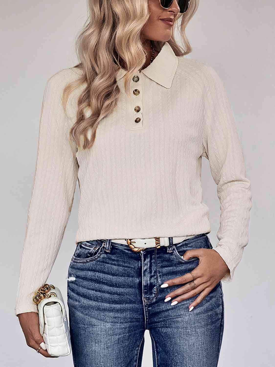 Collared Neck Buttoned Long Sleeve Top - AllIn Computer