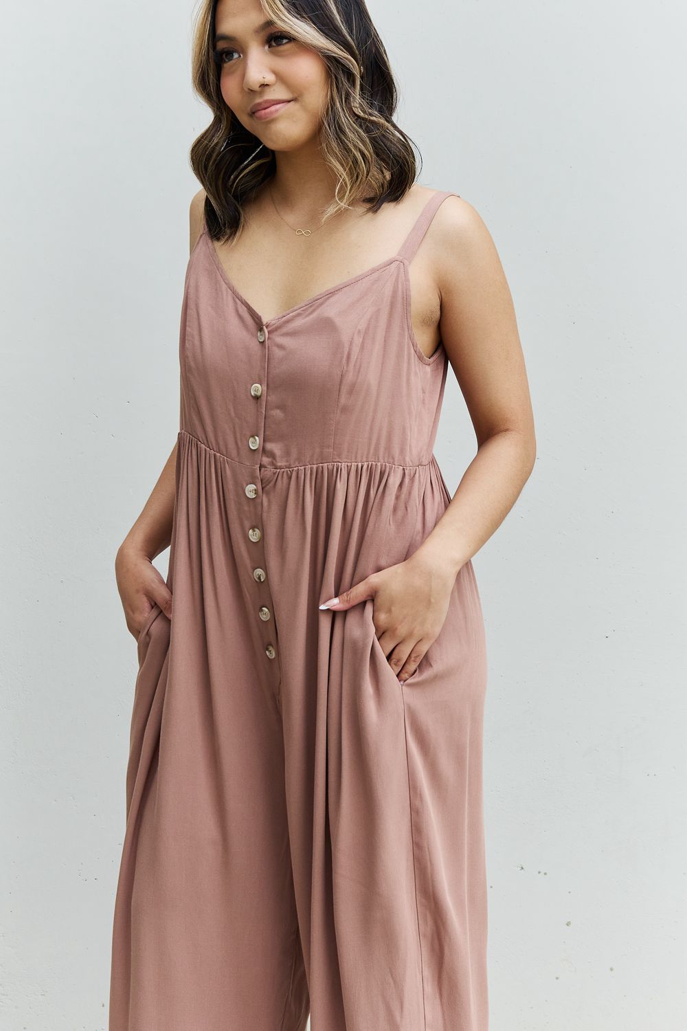 HEYSON All Day Full Size Wide Leg Button Down Jumpsuit in Mocha - AllIn Computer