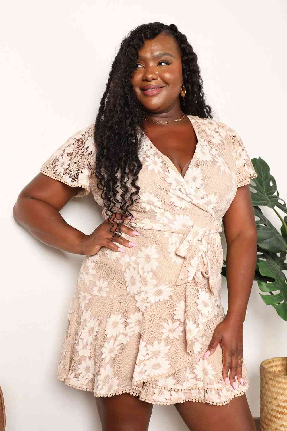 Double Take Floral Lace Pompom Detail Tie-Waist Flutter Sleeve Dress - AllIn Computer
